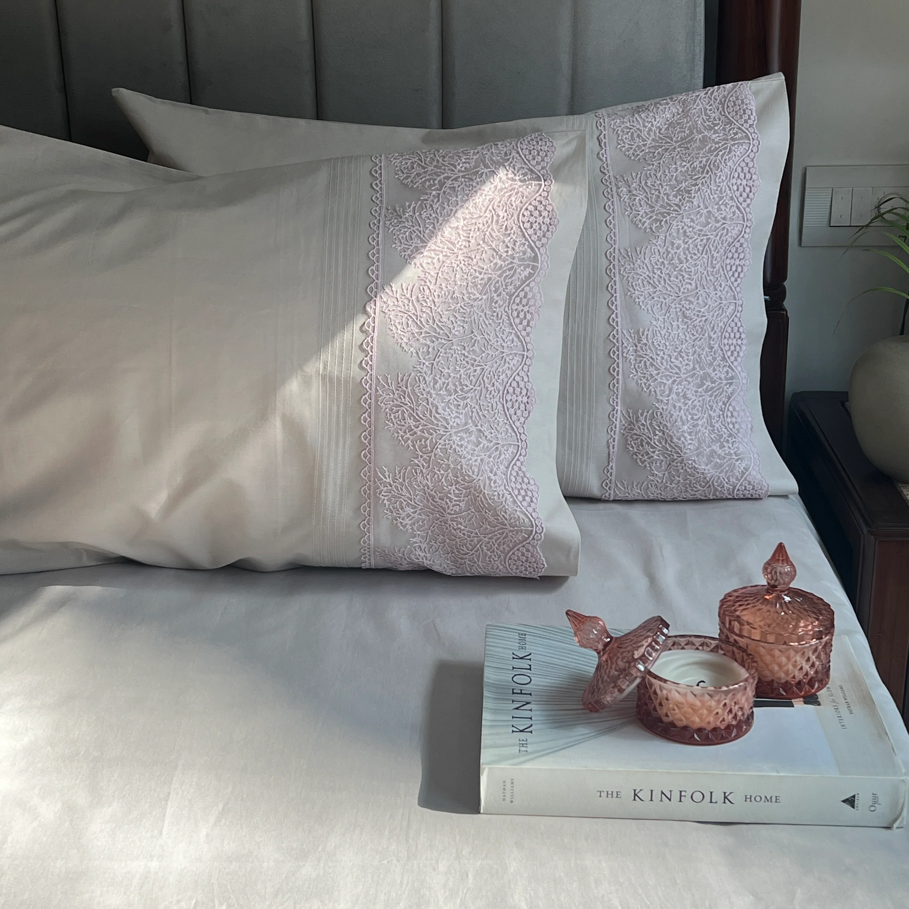 Chantilly Almond Beige Cotton Embroidered Lace Bed Sheet with 2 Pillow Covers - Image 3