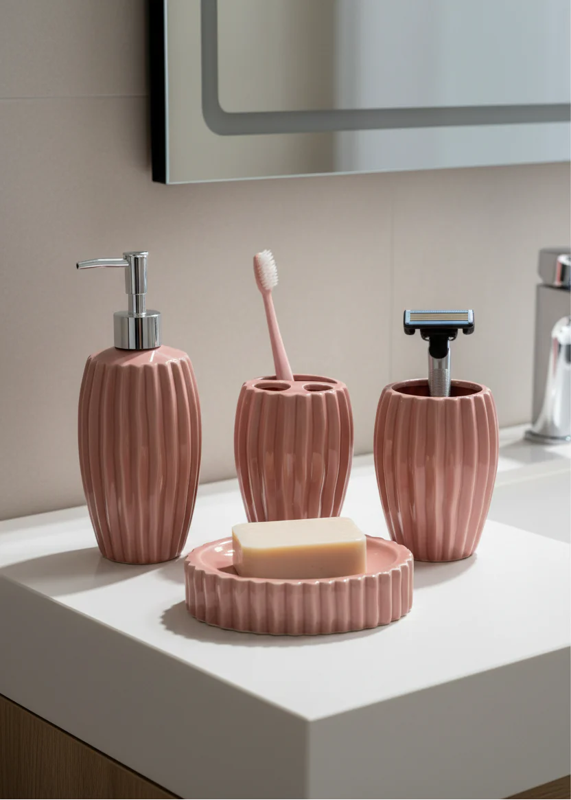 Ribbed Ceramic Bathroom Set - Peach - Image 2