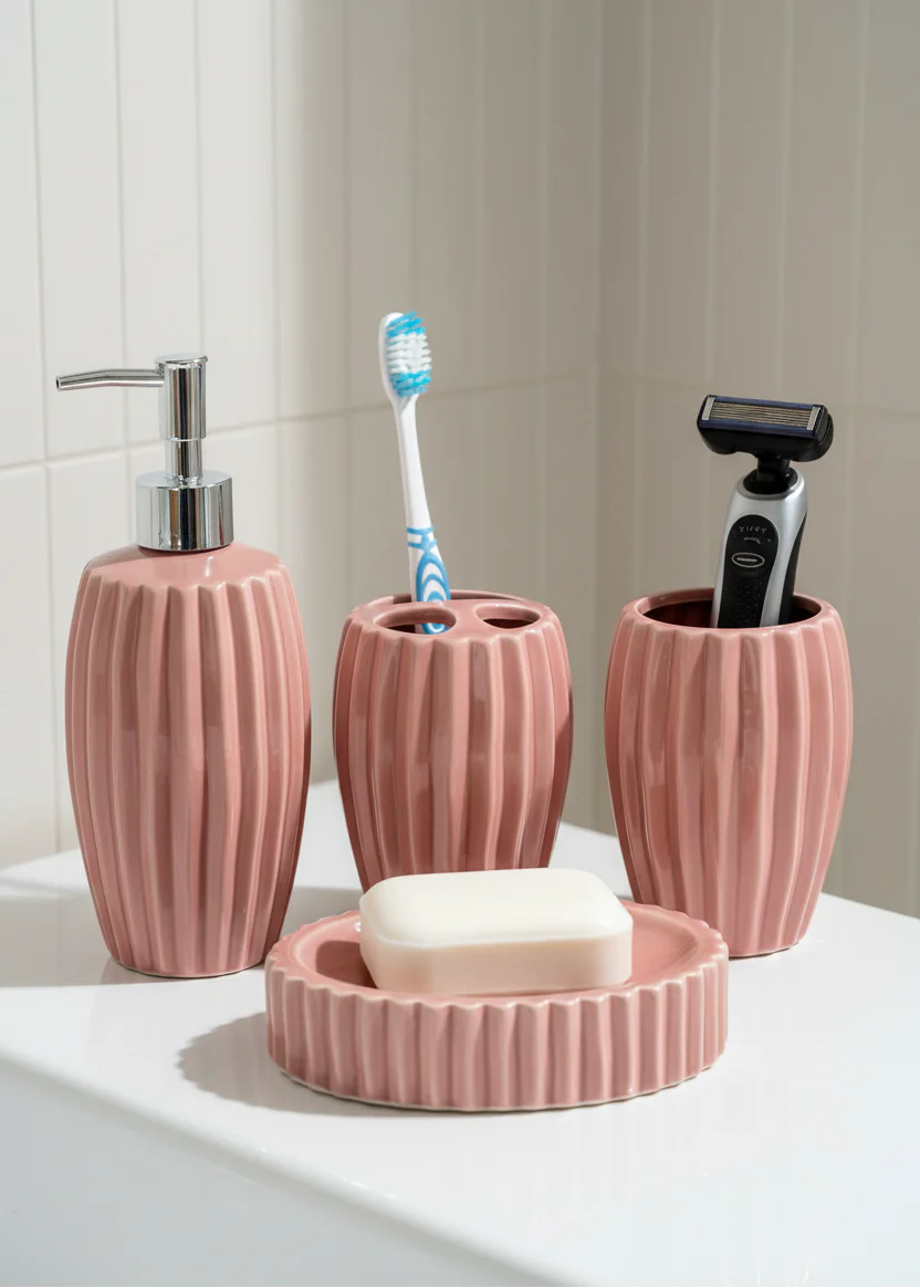 Ribbed Ceramic Bathroom Set - Peach - Image 4