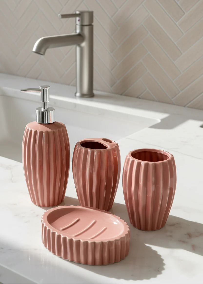 Ribbed Ceramic Bathroom Set - Peach - Image 7
