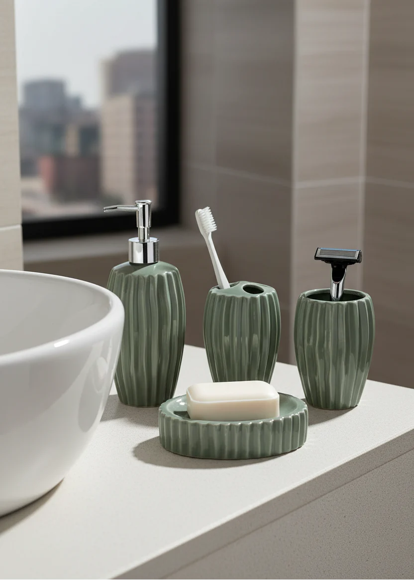 Ribbed Ceramic Bathroom Set - Sage Green - Image 2