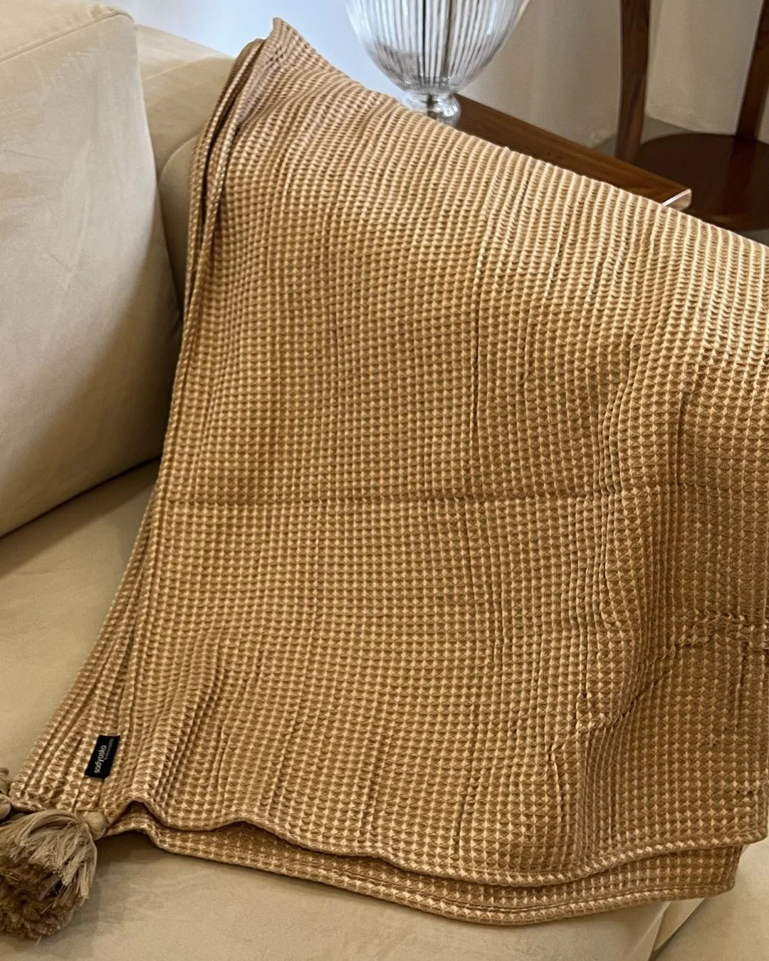 Mocha Honeycomb woven throw with tassels - Image 3
