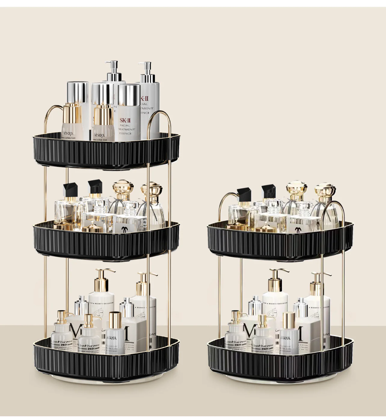 Two Tier Square Rotating Makeup Organiser - Black - Image 2
