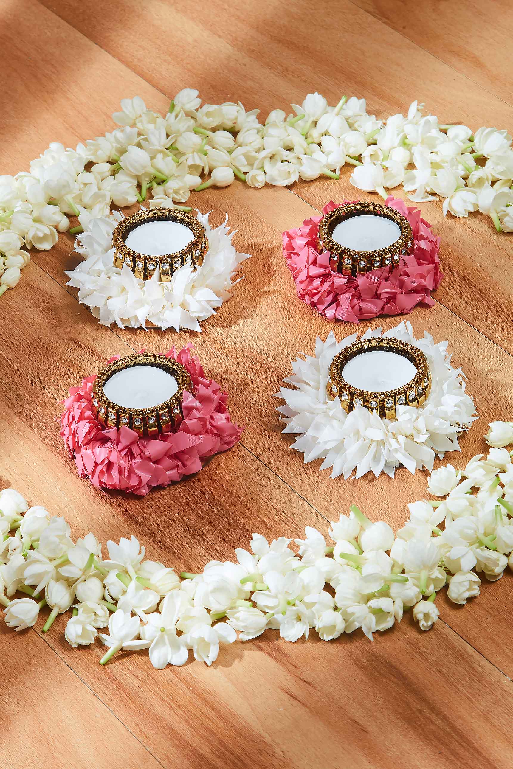 Festive White & Pink Gajra Tea Light - Set Of 4 - Image 8